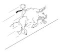 Cartoon Drawing of Businessman Riding on Bull as Rising Market Prices Symbol Royalty Free Stock Photo