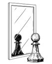 Cartoon Drawing of White Chess Pawn Reflecting in Mirror as Black, Good and Evil Metaphor