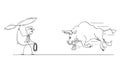 Cartoon Drawing of Cowboy Trying to Catch Bull With Lasso or Rope