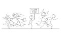 Cartoon Drawing of Crowd of People Running in Panic Away From Man With I love you Sign Royalty Free Stock Photo