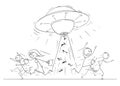 Cartoon Drawing of Crowd of People Running in Panic Away From UFO or Alien Ship Abducting Human Beings Royalty Free Stock Photo