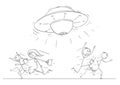 Cartoon Drawing of Crowd of People Running in Panic Away From UFO or Alien Ship Royalty Free Stock Photo