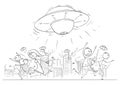 Cartoon Drawing of Crowd of People Running in Panic Away From UFO or Alien Ships Attacking City