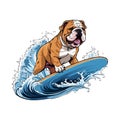 Cartoon drawing of a funny dog riding a surfboard on the waves. For your design Royalty Free Stock Photo