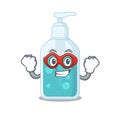 A cartoon drawing of hand sanitizer in a Super hero character