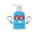 A cartoon drawing of hand wash gel in a Super hero character