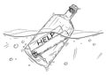 Cartoon Drawing of Help Message in Bottle Floating in Ocean Royalty Free Stock Photo