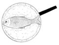 Cartoon Drawing of Top View of Fish Cooked on Frying Pan