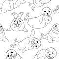 Cartoon drawing kawaii fur seals, baby nerpas seamless pattern, black silhouettes on white background, cute animals, editable Royalty Free Stock Photo