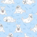 Cartoon drawing kawaii fur seals, baby nerpas seamless pattern, on blue background with doodle elements, cute wild red list animal Royalty Free Stock Photo