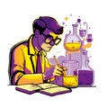 Cartoon drawing of a male chemist sitting at work against the background of flasks and equipment