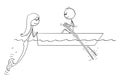 Cartoon Drawing of Man Paddling in Small Boat on Water or Sea and Meet Mermaid