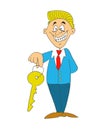 Cartoon Drawing: Real estate realator presenting key for new home or apartment Royalty Free Stock Photo