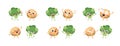 Cartoon drawing set of emoji. Hand drawn emotional meal.Actual Vector illustration broccoli and burger. Creative ink art work fast