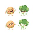 Cartoon drawing set of emoji. Hand drawn emotional meal.Actual Vector illustration broccoli and burger. Creative ink art work fast