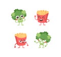 Cartoon drawing set of emoji. Hand drawn emotional meal.Actual Vector illustration broccoli and French fries. Creative ink art