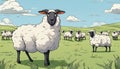 A cartoon drawing of a sheep with a flock of sheep in the background