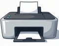 Cartoon drawing shows modern printer. White blank paper in input tray, coming out of output. Office tech device prints documents, Royalty Free Stock Photo