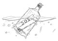Cartoon Drawing of SOS Message in Bottle Floating in Ocean