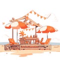 Cartoon drawing of a summer beach landscape, a table with drinks under umbrellas