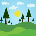 A cartoon drawing of trees on a hill with the sun in the background.