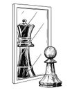 Cartoon Drawing of White Chess Pawn Reflecting in Mirror as Black King, Confidence Metaphor Royalty Free Stock Photo