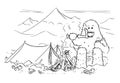 Cartoon Drawing of Yeti Who is Eating or Devouring Alpinist in Base Camp