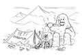 Cartoon Drawing of Yeti Who is Eating or Devouring Alpinist in Base Camp