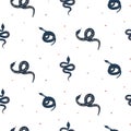 Cartoon drawn blue snakes vector seamless pattern.