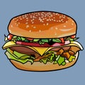 Cartoon drawn cheeseburger, sandwich with cheese and meat and vegetables Royalty Free Stock Photo