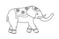 Cartoon drawn elephant with a blanket on its back and on its head. Indian tribal elephant decorated, vector outline Royalty Free Stock Photo