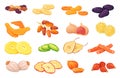 Cartoon dried fruits. Dry isolated raisin date fruit healthy food drying snack, prunes mango apricots grape banana plum