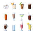Cartoon drinks. Hot and cold beverages. Alcohol cocktails. Coffee or tea. Isolated glasses for lemonade. Milkshake and