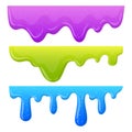 Cartoon dripping slime. Liquid mucus borders, sticky slime splashes. Jelly dripping dividers. Goo sticky slime flat vector