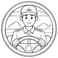 Cartoon Driver in Uniform Holding Steering Wheel with Clouds and Sky in Background Royalty Free Stock Photo