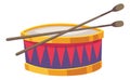 Cartoon drum. Rythm music instrument with wooden sticks