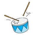 Cartoon drum on a white background. Toy musical instrument for children. Colorful vector illustration for kids.