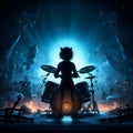 Cartoon drummer playing a set of drums onstage in front of a cityscape at night, AI-generated.