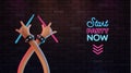 Cartoon drummers hands with horn sign and neon drumsticks music vector illustration with neon tittle on the brick wall