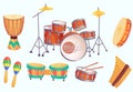 Cartoon drums. Musical drum instruments. Music instrument vector isolated collection Royalty Free Stock Photo