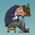 Cartoon drunk man in a suit fell asleep sitting at the table