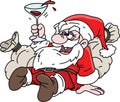 Cartoon drunk Santa Claus lying on his sacks full of gifts drinking wine vector