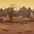 Cartoon dry stone desert landscape with bare tree and mountains