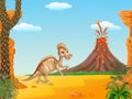 Cartoon Duck billed hadrosaur character in prehistoric background