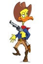 Cartoon duck cowboy with a gun belt and cowboy hat