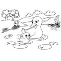 Cartoon duck lake coloring page vector