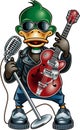 Cartoon duck in rockabilly style holding guitar and microphone Royalty Free Stock Photo