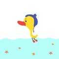 Cartoon ducks floats on water. vector illustration hand drawn style.