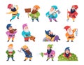 Cartoon dwarf. Mining fantasy gnomes in various poses funny fairytale characters exact vector dwarf illustrations