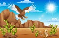 Cartoon eagle bird and snake living in the desert